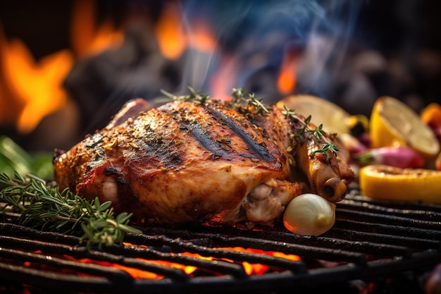 Closeup shot of a piece of chicken being cooked on the grill