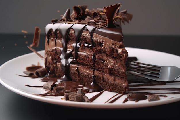 Closeup shot of a piece of chocolate cake on a white plate and melted chocolate