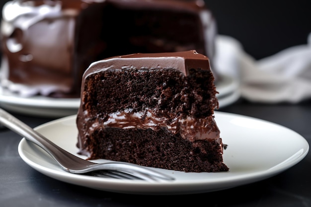 Closeup shot of a piece of chocolate sponge cake on a white plate