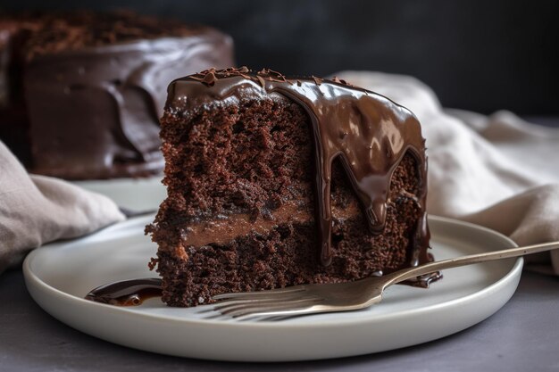 Closeup shot of a piece of chocolate sponge cake on a white plate