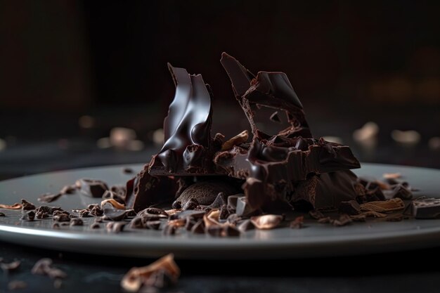 Closeup shot of a piece of dark chocolate flakes on a delicious white plate