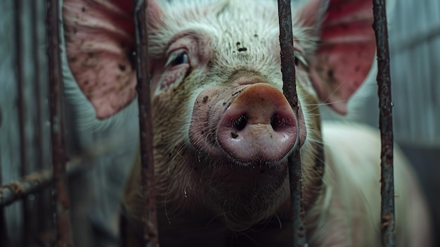 A closeup shot of a pig inside a cage Suitable for farm or animal cruelty concepts