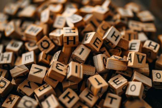 Photo a closeup shot of a pile of wooden letter blocks creating a random pattern of letters