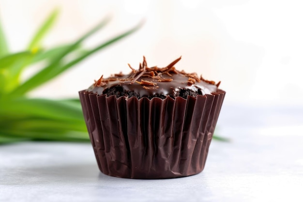 Closeup shot of plant based chocolate in a square cupcake wrapper created with generative ai