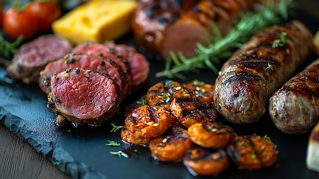 Photo a closeup shot of a platter with grilled meat vegetables and sausages