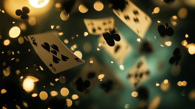 A closeup shot of a playing card with a club symbol against a dark background with outoffocus lights