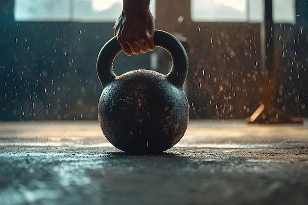 Photo closeup shot of a powerful hand lifting a kettlebell against a gritty gym floor background