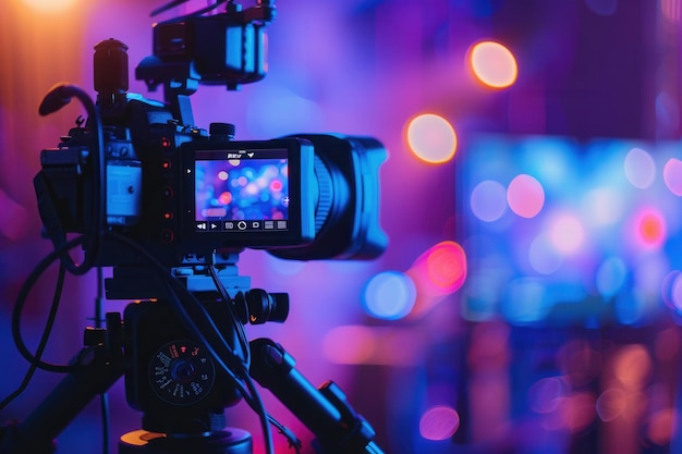 A closeup shot of a professional video camera on a tripod capturing a live event with vibrant stage lighting in the background Generative AI