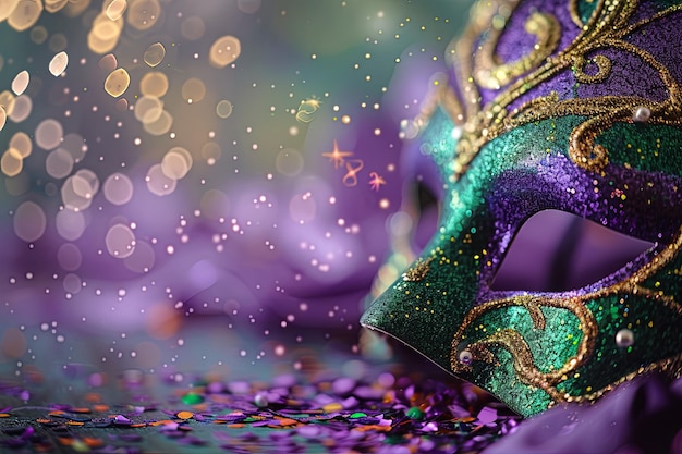 A closeup shot of a purple green and gold masquerade mask with glitter resting on a bed of confetti