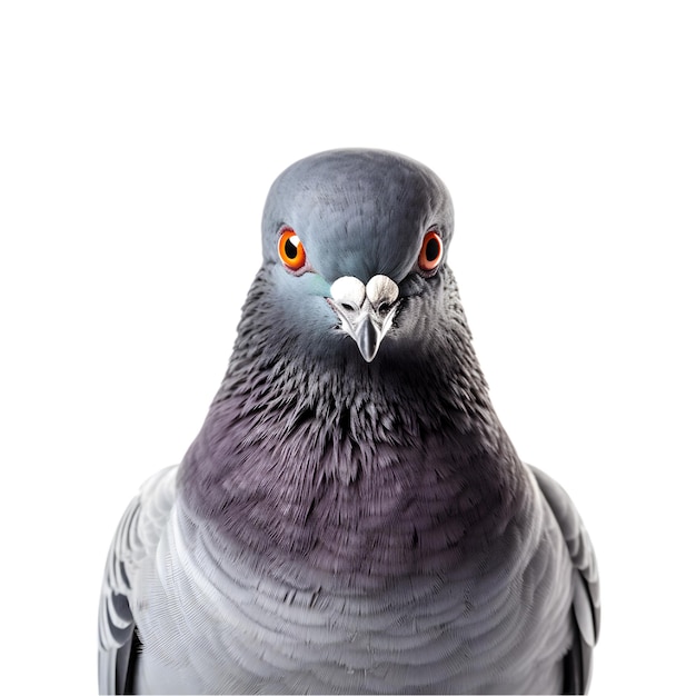 Closeup shot of a racing pigeon with beautiful colored plumage isolated on a white background