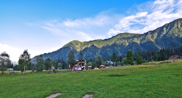 Closeup shot of a resort complex in a mountainous forest area with blue sky