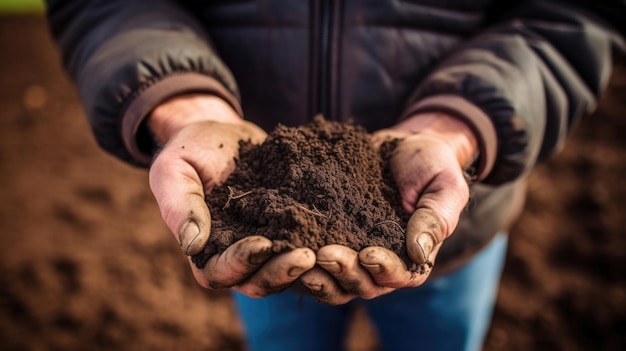 A closeup shot of a rich dark soil sample in the farmers hands evidence of the success of