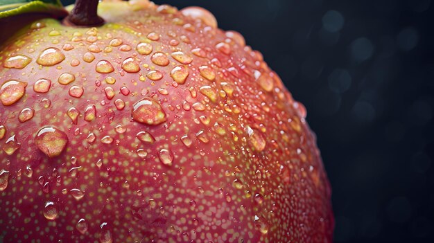 Photo a closeup shot of a ripe guava with droplets of water glistening on its skin showcasing its fresh and juicy texture set against a dark textured background to enhance the vibrant color of the