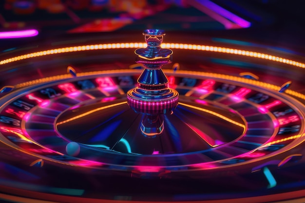 A closeup shot of a roulette wheel with the ball spinning