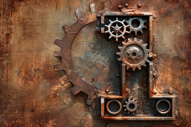 A closeup shot of a rusty metal surface with a large gear and a letter L formed from smaller gears