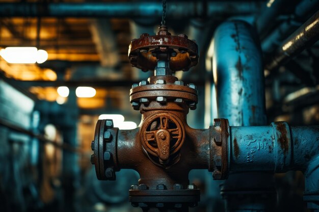 Photo a closeup shot of a rusty valve handle amidst aged industrial machinery under soft lighting