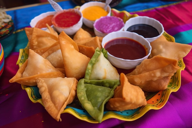 Closeup shot of samosas with various delicious sauces on a wavy plate