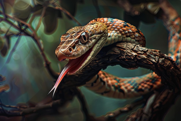 Closeup shot of a scaled reptile with its tongue out in macro photography