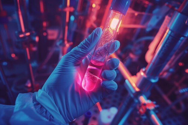 Photo closeup shot of a scientists hands holding a glass test tube filled with liquid chemical substance