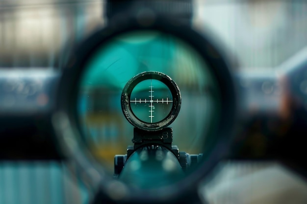 Photo a closeup shot of a scopes viewfinder showing a distant target in the crosshairs a scope view of a distant target in the crosshairs