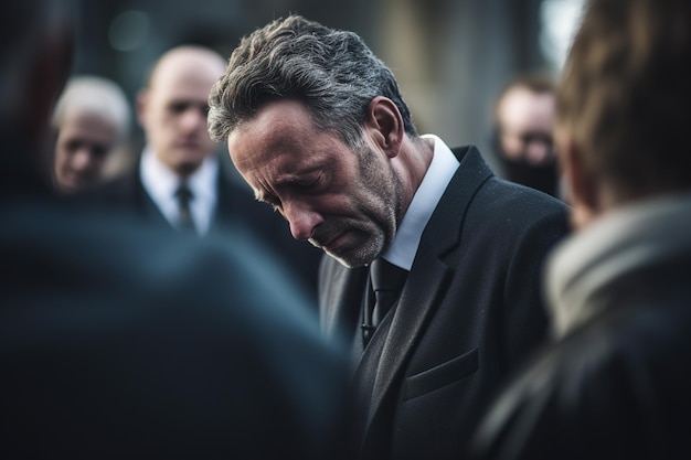 closeup shot of a senior man in front of a funeral bouquet