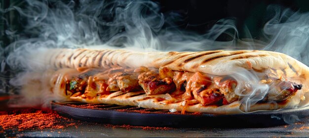 A closeup shot of a shawarma sandwich freshly grilled and steaming with smoke rising from its surface The sandwich is placed on a dark surface creating a dramatic contrast