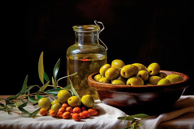 Closeup shot showcasing a bountiful wooden table laden with an array of olives olive oil and other condiments