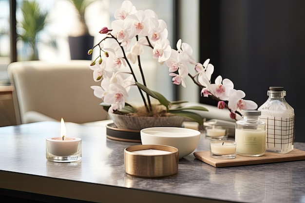 A closeup shot shows spa accessories arranged on a table with a spa visible in the background