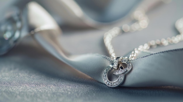 A closeup shot of a silver necklace with intertwined rings laid on a silky grey fabric exuding sophistication and luxury