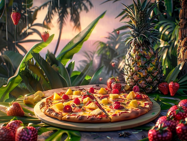 Photo closeup shot of a slice of pineapple paradise pizza showcasing its goldenbrown crust gooey cheese