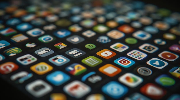 A closeup shot of a smartphone screen filled with colorful app icons