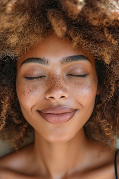 A closeup shot of a smiling beautiful black woman with frizzy Afro hair