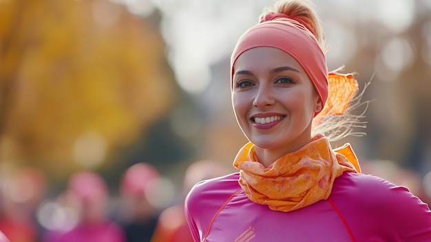 A closeup shot of a smiling woman in a pink shirt and orange scarf standing in front of a blurred background of trees and other people