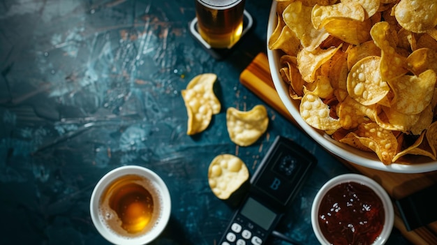 Photo closeup shot of snack setup with chips sauce and drinks on a rustic table perfect for illustrating food dining or casual gathering themes this image has a warm inviting and cozy vibe ai