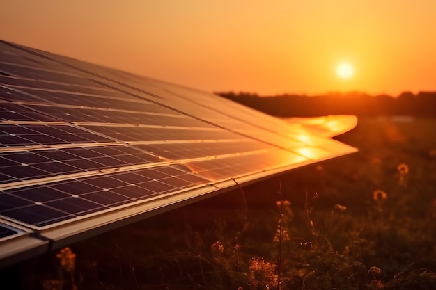 Closeup shot of a solar photovoltaic panel with a beautiful sunset in the background showcasing the renewable energy concept Generative Ai