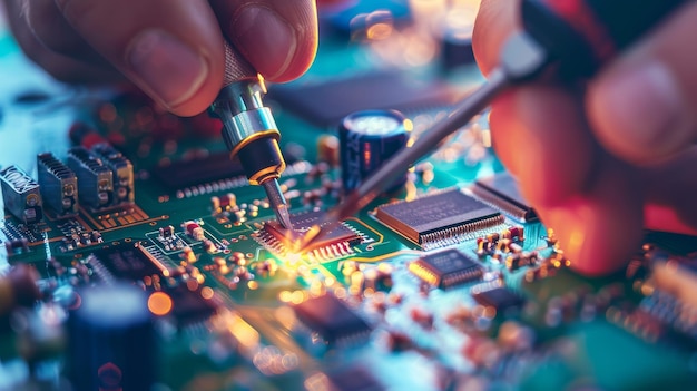 A closeup shot of a soldering iron being used to repair a circuit board