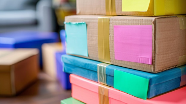 A closeup shot of a stack of colorful moving labels