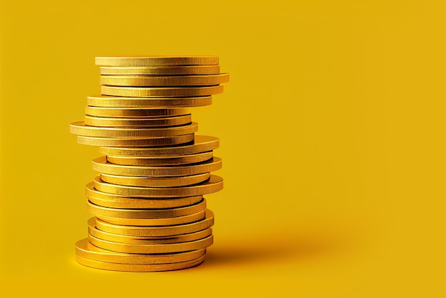 Closeup shot of stacks of coins against yellow background image created with Generative AI technology