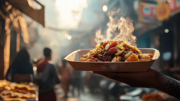 Photo a closeup shot of a steaming hot dish of street food being held up in a bustling indian market