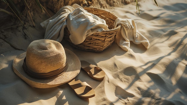 closeup shot of a straw hat sandals and a basket sitting on a sandy beach