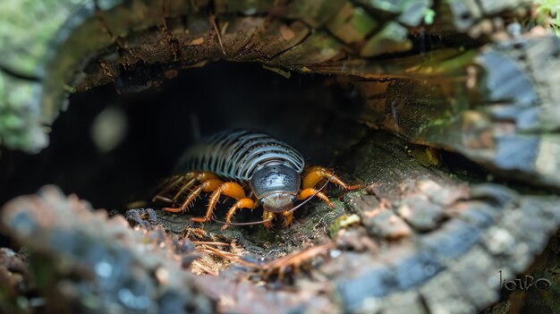 Photo a closeup shot of a striped cockroach with long antennae emerging from a hole in a rotting log