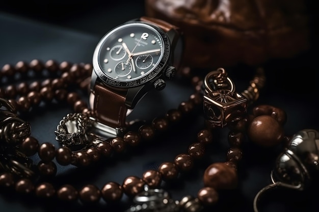 Closeup shot of stylish accessories like watches on wooden table Generative Ai