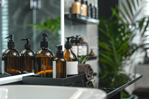 Photo closeup shot of stylish brown glass bottles with black pumps likely containing shampoo and conditioner neatly arranged on a black tray in a modern bathroom generative ai