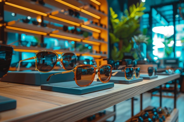 Closeup shot of stylish sunglasses arranged on a wooden shelf in a retail store