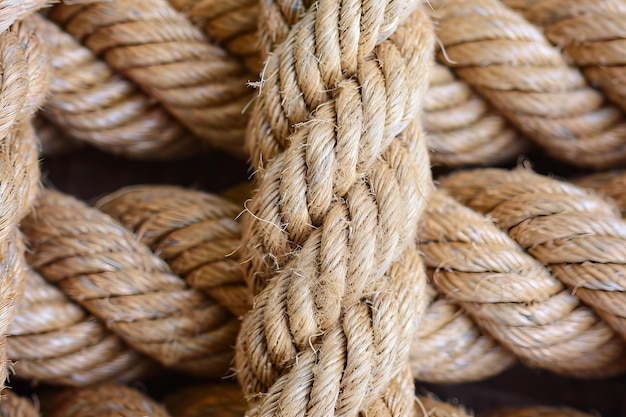 A closeup shot of thick heavy rope with multiple strands and a rough texture emphasizing its rugg