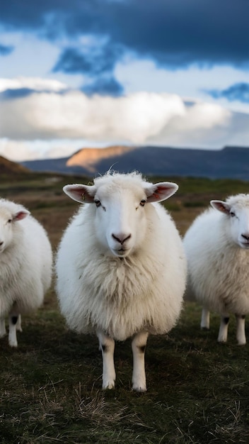 Closeup shot of three beautiful icelandic sheep in a wild area under the cloudy sky