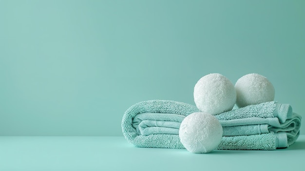 Photo a closeup shot of three laundry balls on a towel against a background of pristine blue from a studio and space on it for text generative ai