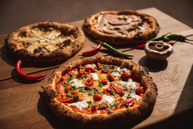 Closeup shot of three types of pizza with chili peppers and mushroom on wooden board