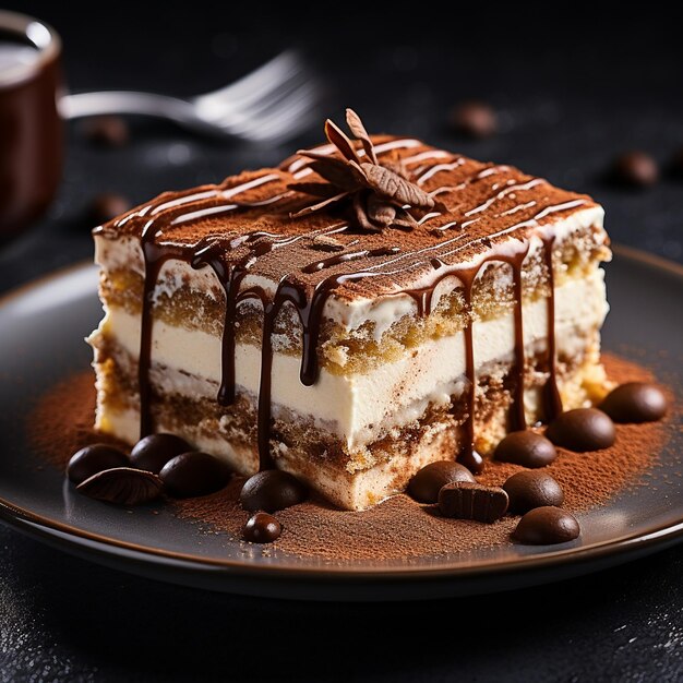 a closeup shot of tiramisu served on a chic dessert plate emphasizing its creamy texture and delicate layers