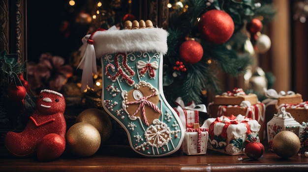 A closeup shot of a traditional Christmas stocking overflowing with treats and small gifts